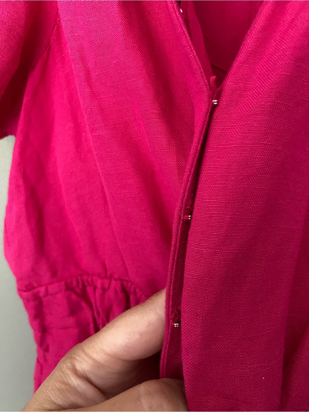 ANTHROPOLOGIE Somerset Linen Blend Bright Fuchsia Puff-Sleeve Tiered Dress Small - Picture 6 of 8